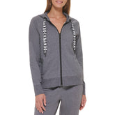 DKNY Women's Logo Drawstring Zip Up Hoodie, Activewear Sweatshirt, Black Heather